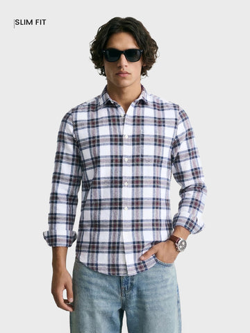 Men's White Slim Fit Checkered Casual Shirts
