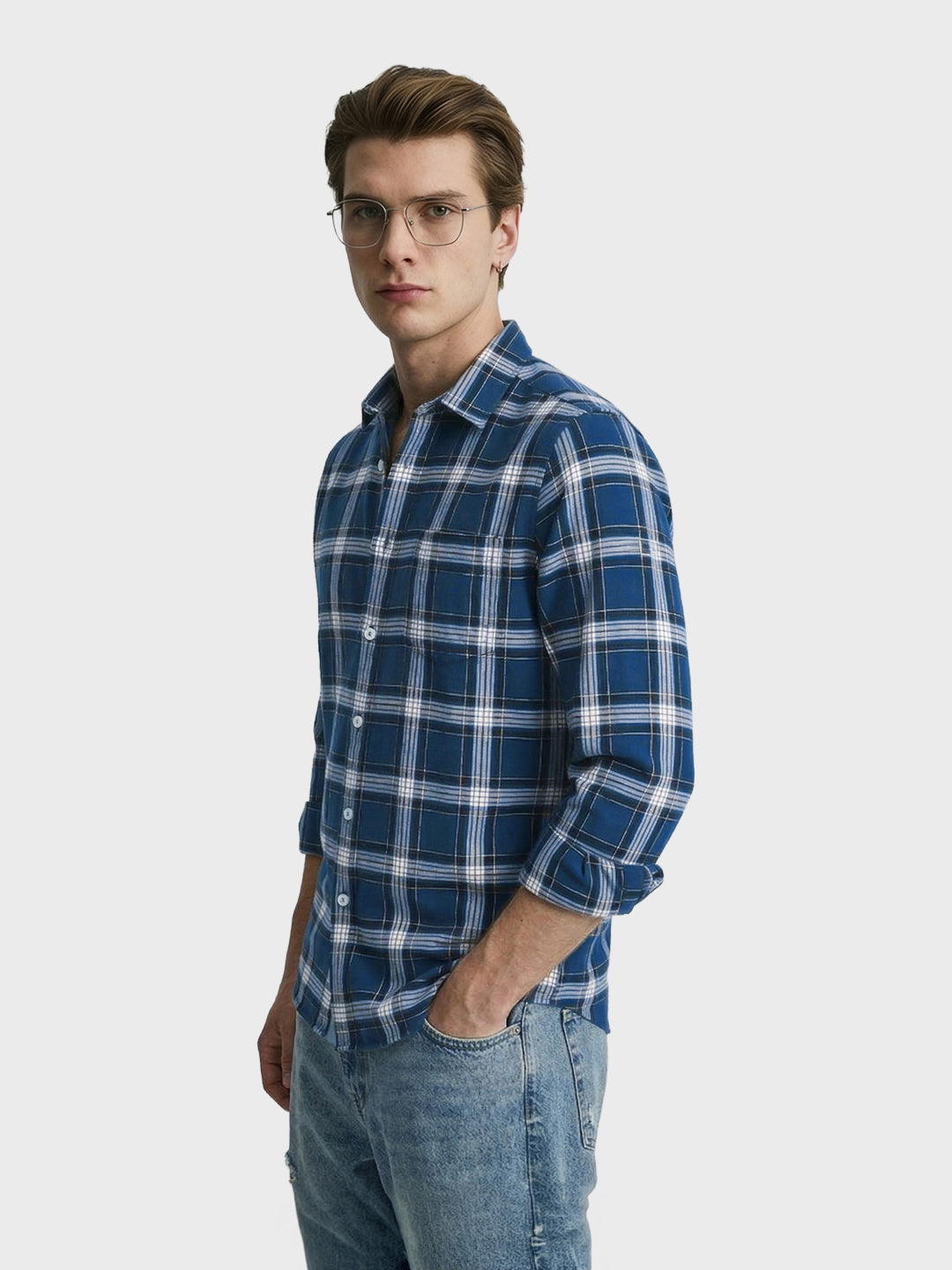Men's Blue Slim Fit Checkered Casual Shirts