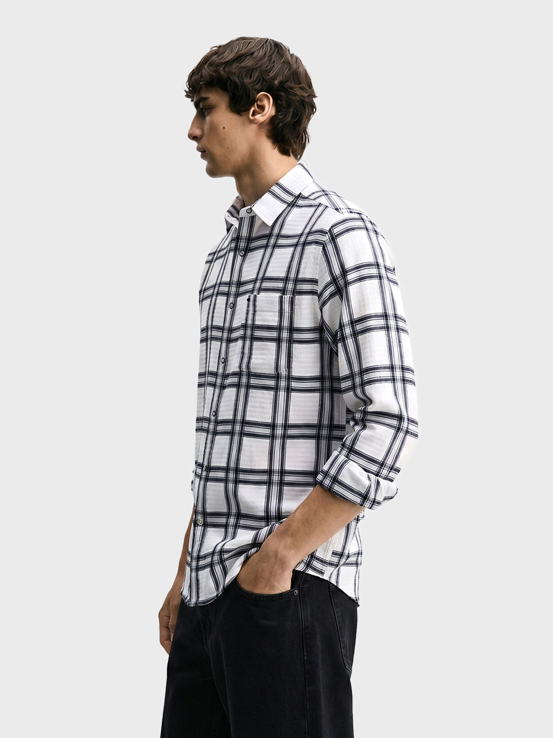 Men's White Slim Fit Checkered Casual Shirt