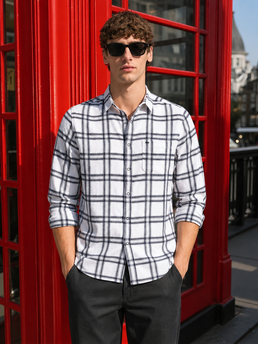 Men's White Slim Fit Checkered Casual Shirt