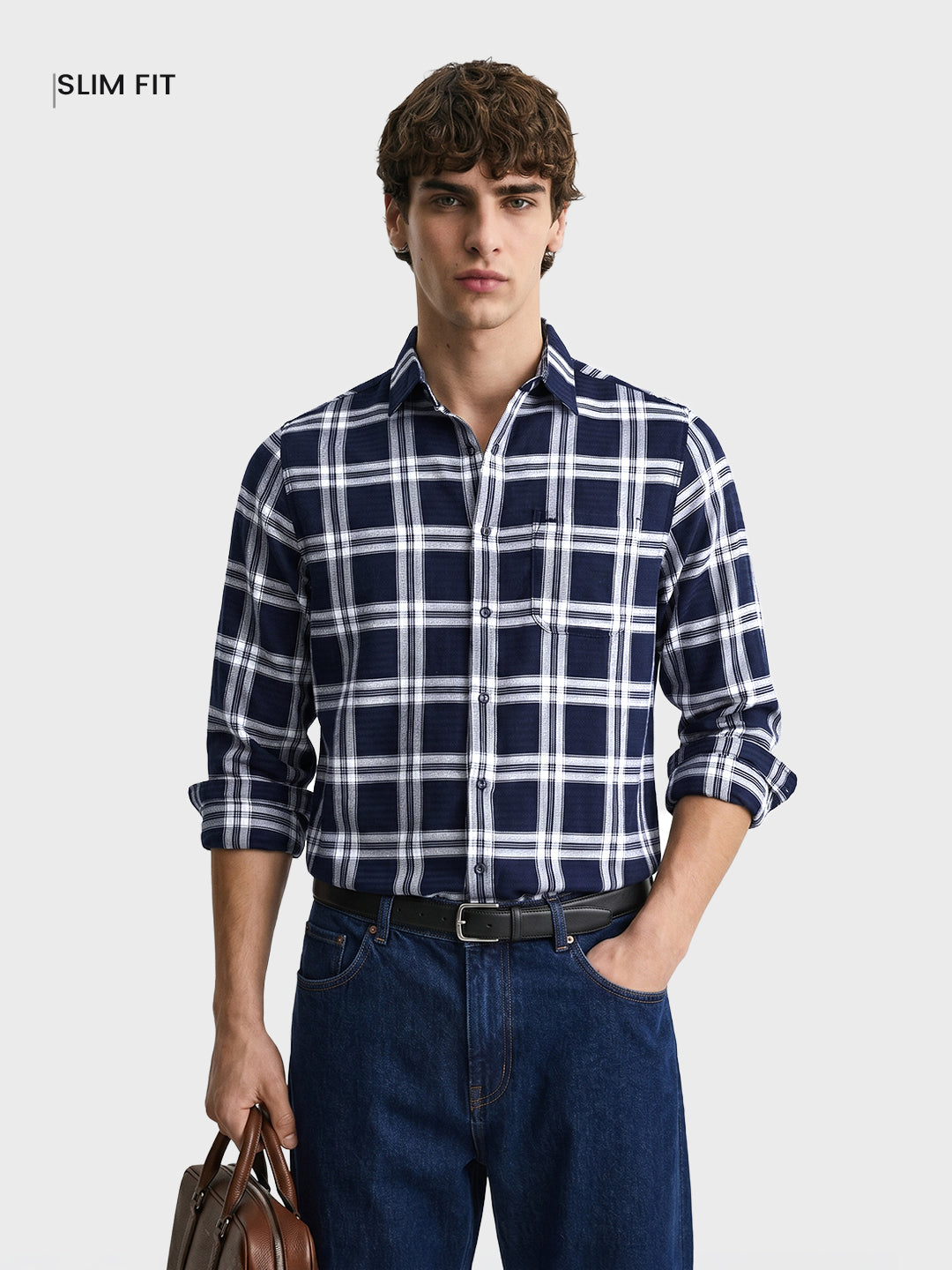 Men's Navy Blue Slim Fit Checkered Casual Shirt