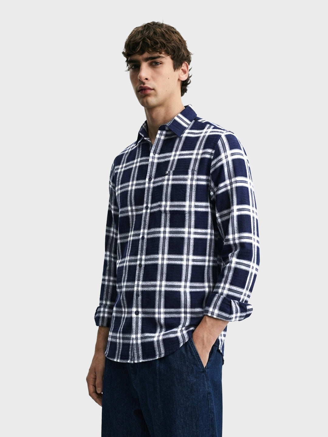 Men's Navy Blue Slim Fit Checkered Casual Shirt