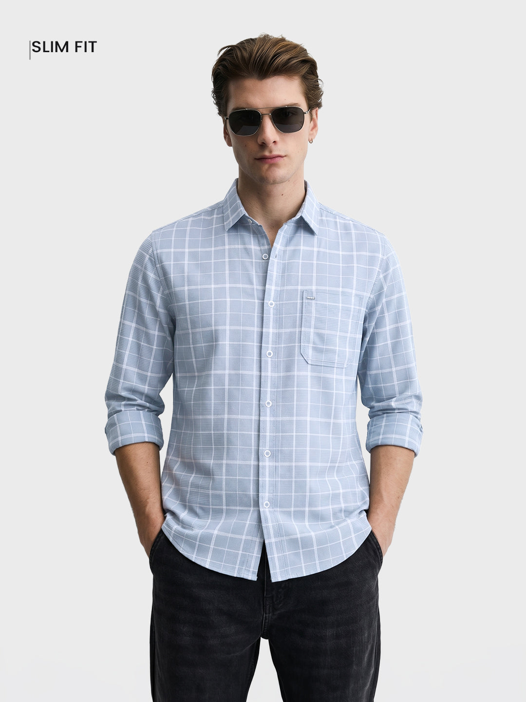 Men's Grey Slim Fit Checkered Casual Shirt