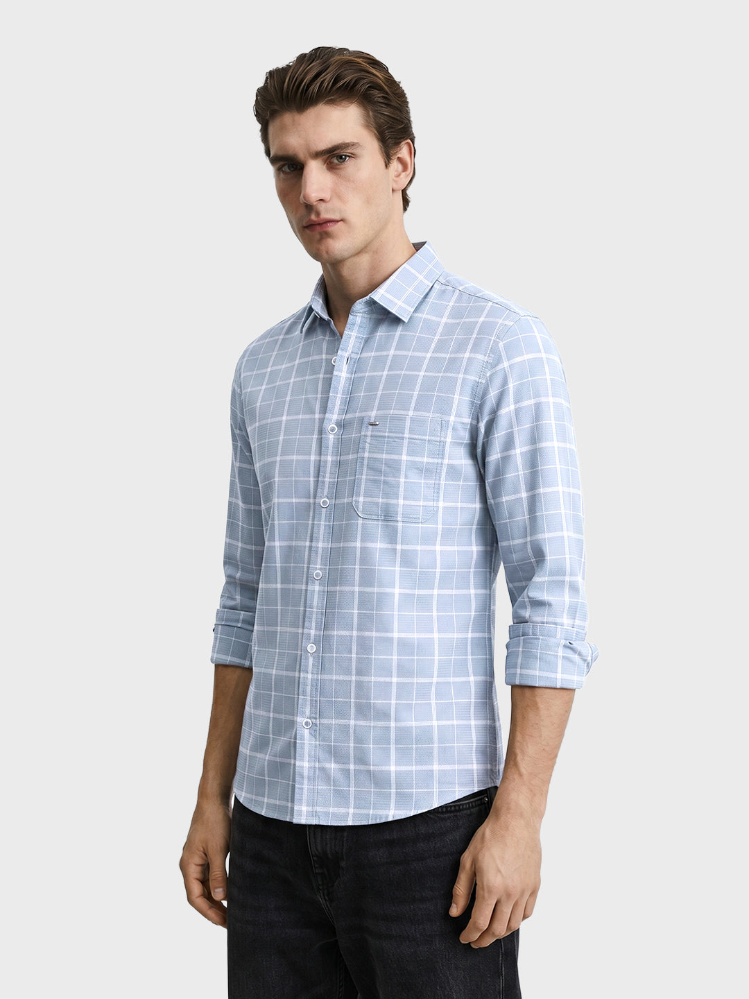 Men's Grey Slim Fit Checkered Casual Shirt