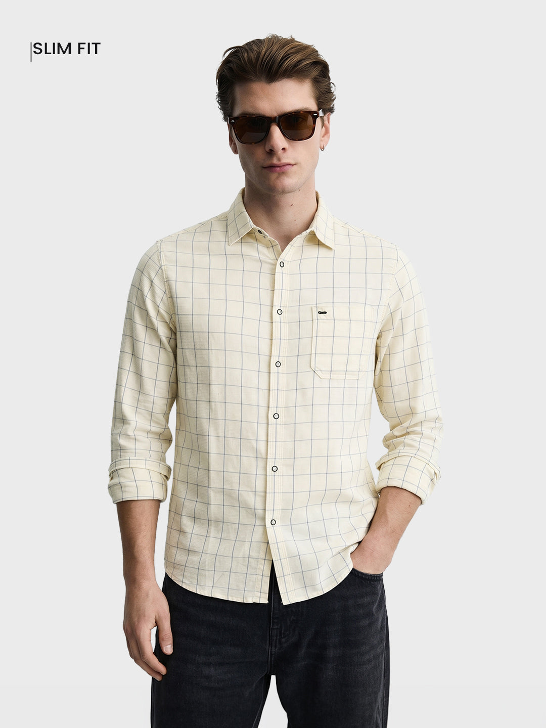 Men's Cream Slim Fit Checkered Casual Shirt