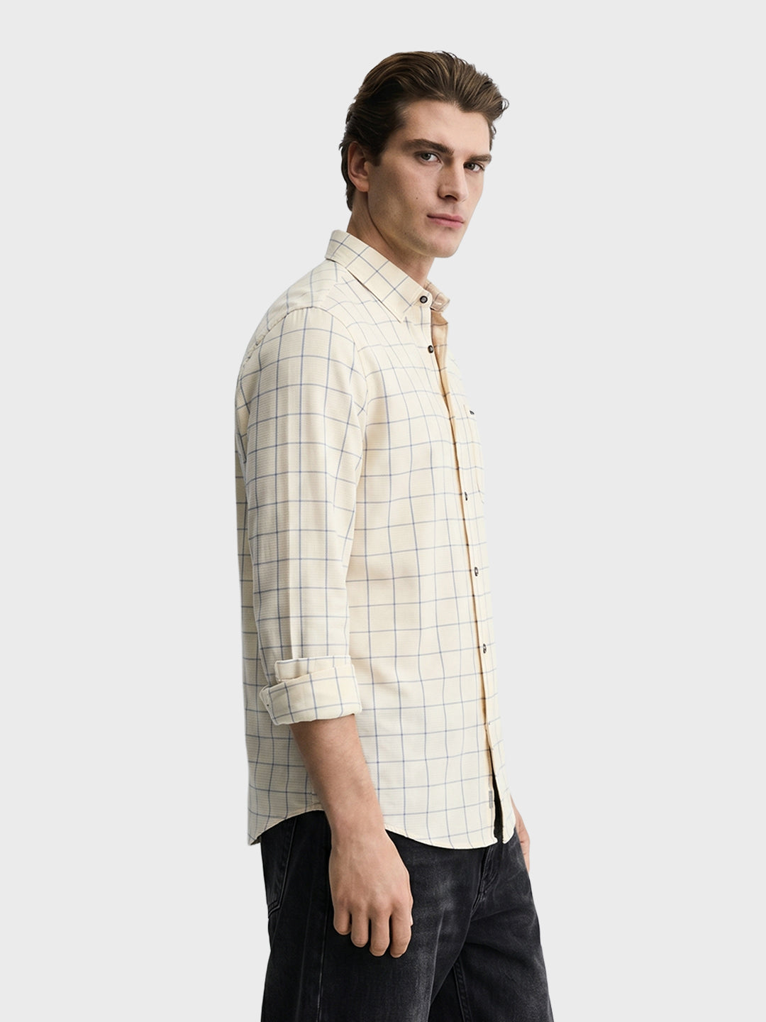 Men's Cream Slim Fit Checkered Casual Shirt