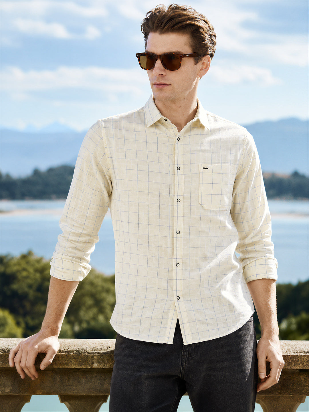 Men's Cream Slim Fit Checkered Casual Shirt