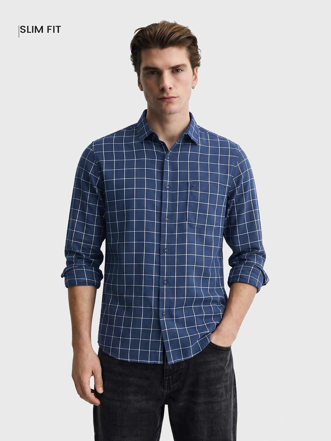 Men's Navy Blue Slim Fit Checkered Casual Shirt