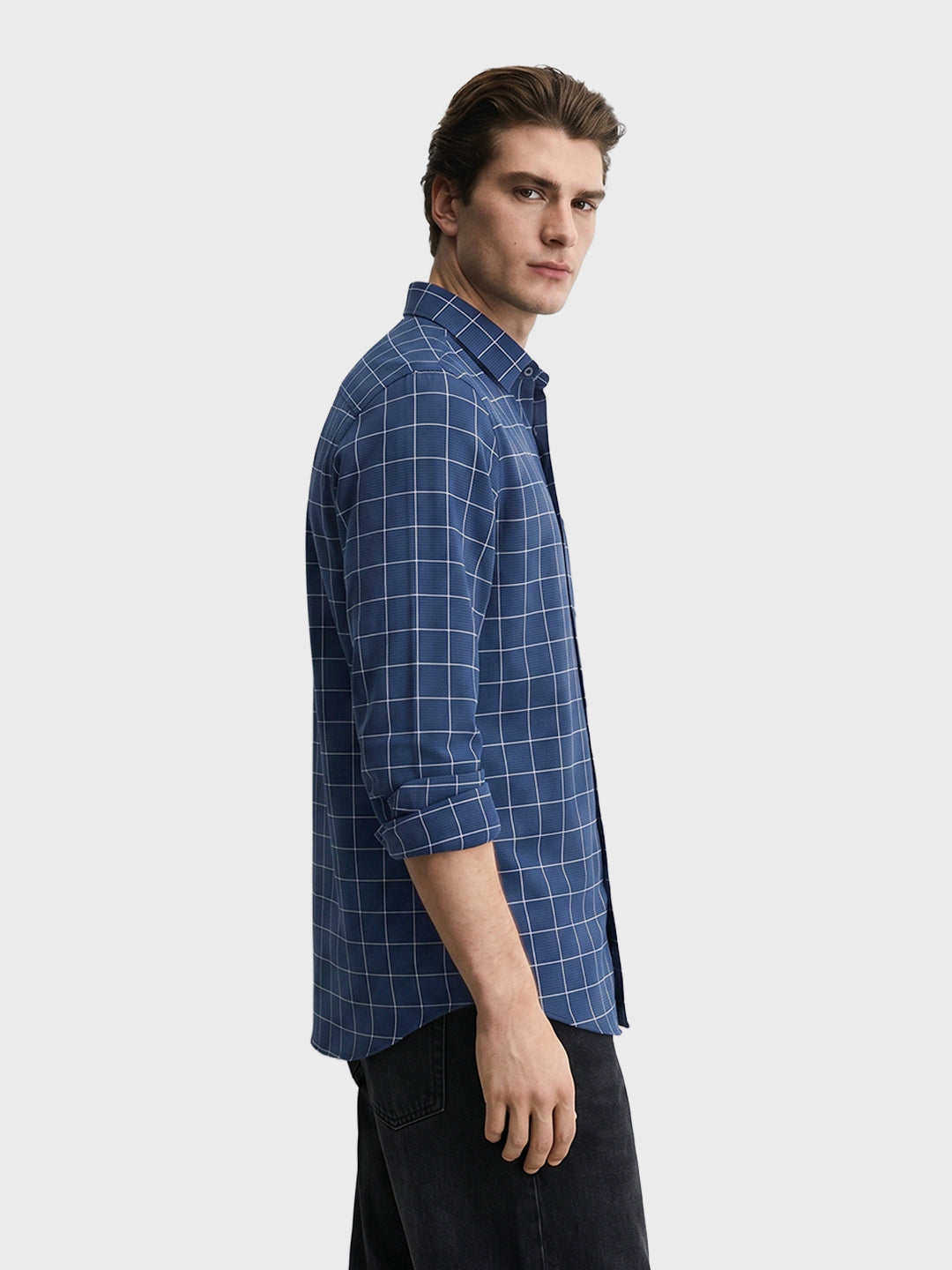 Men's Navy Blue Slim Fit Checkered Casual Shirt