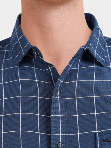 Men's Navy Blue Slim Fit Checkered Casual Shirt