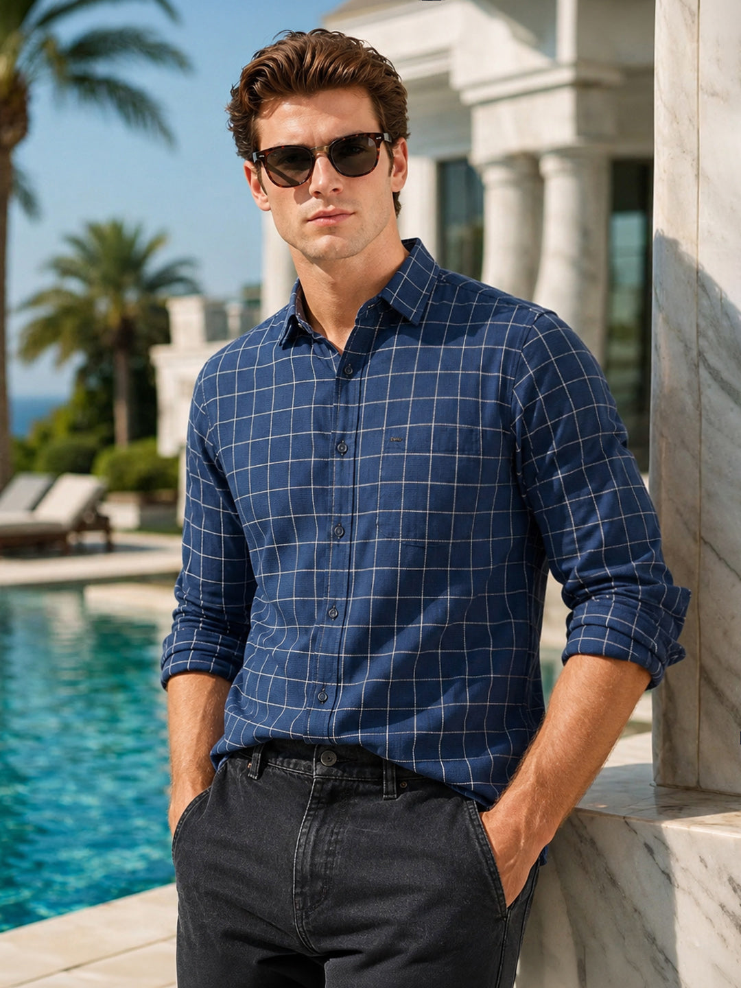 Men's Navy Blue Slim Fit Checkered Casual Shirt