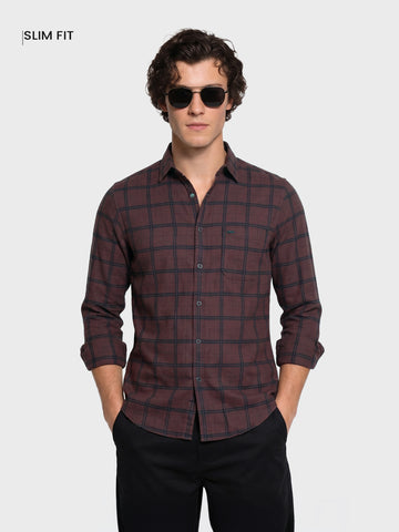 Men's Brown Slim Fit Checkered Casual Shirts