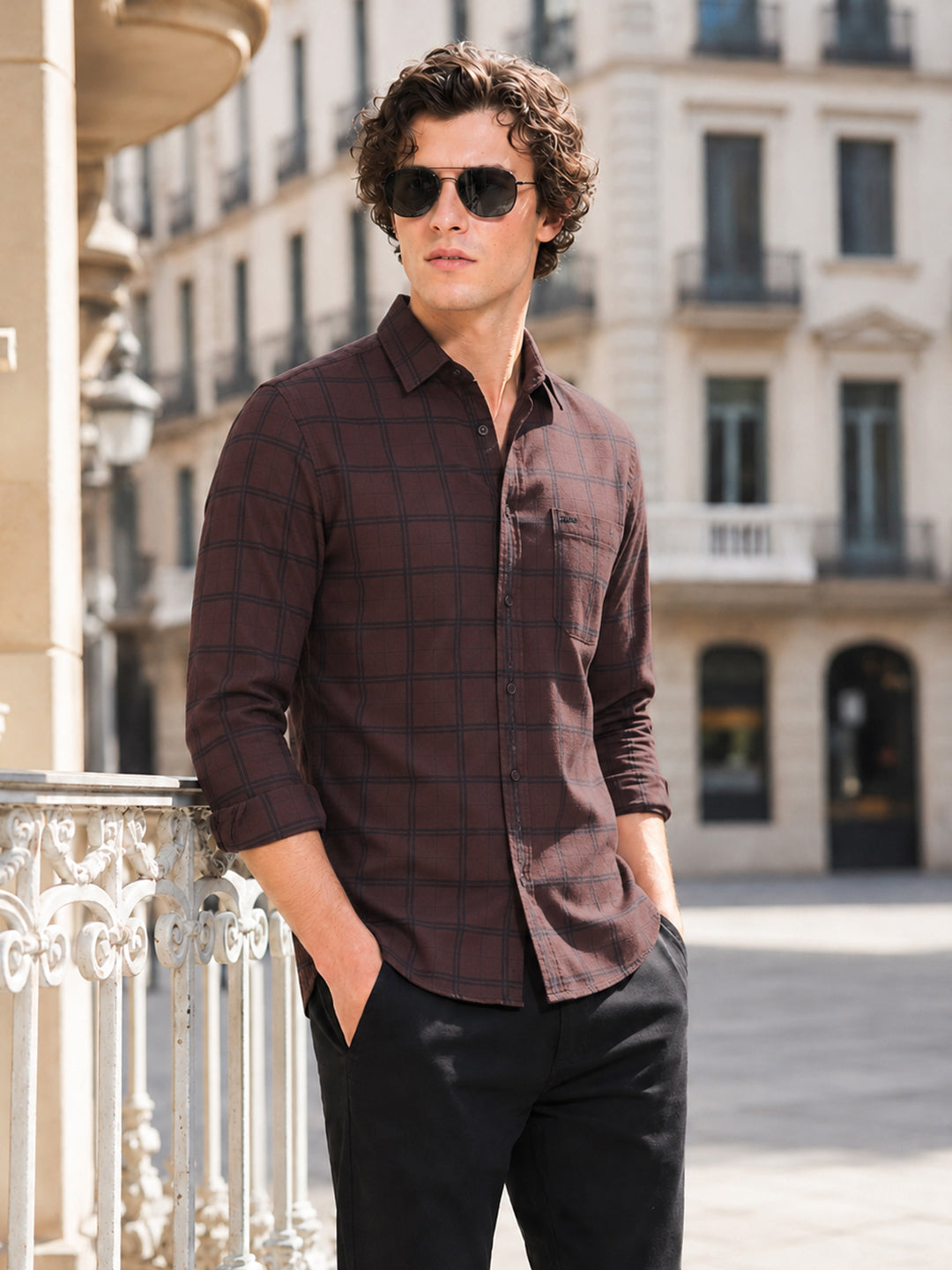 Men's Brown Slim Fit Checkered Casual Shirts