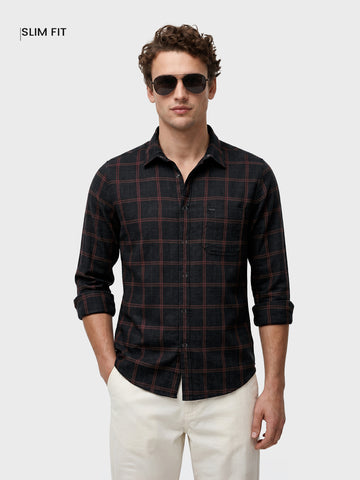 Men's Black Slim Fit Checkered Casual Shirts