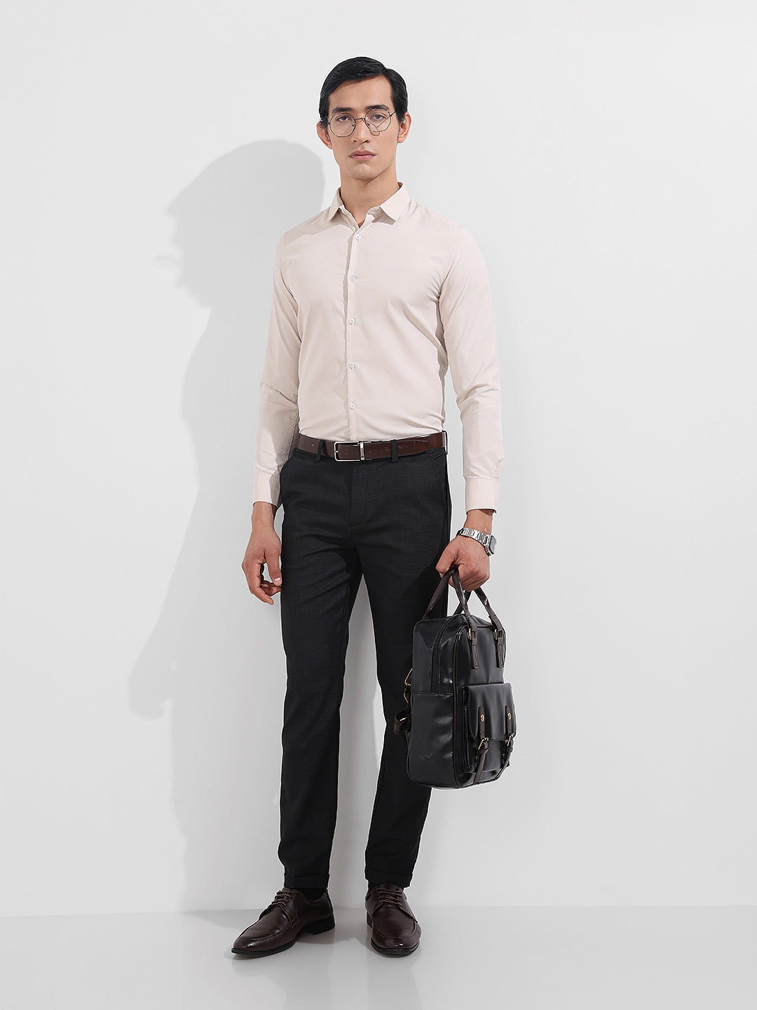 Men's Beige Slim Fit Geometric Print Formal Shirt