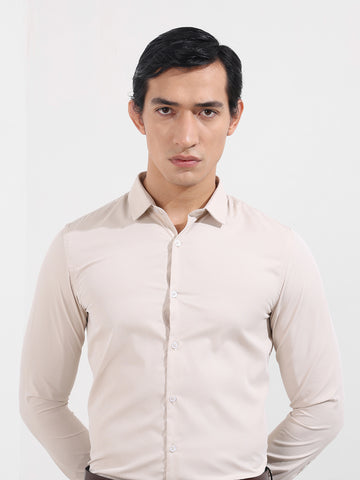Men's Beige Slim Fit Geometric Print Formal Shirt