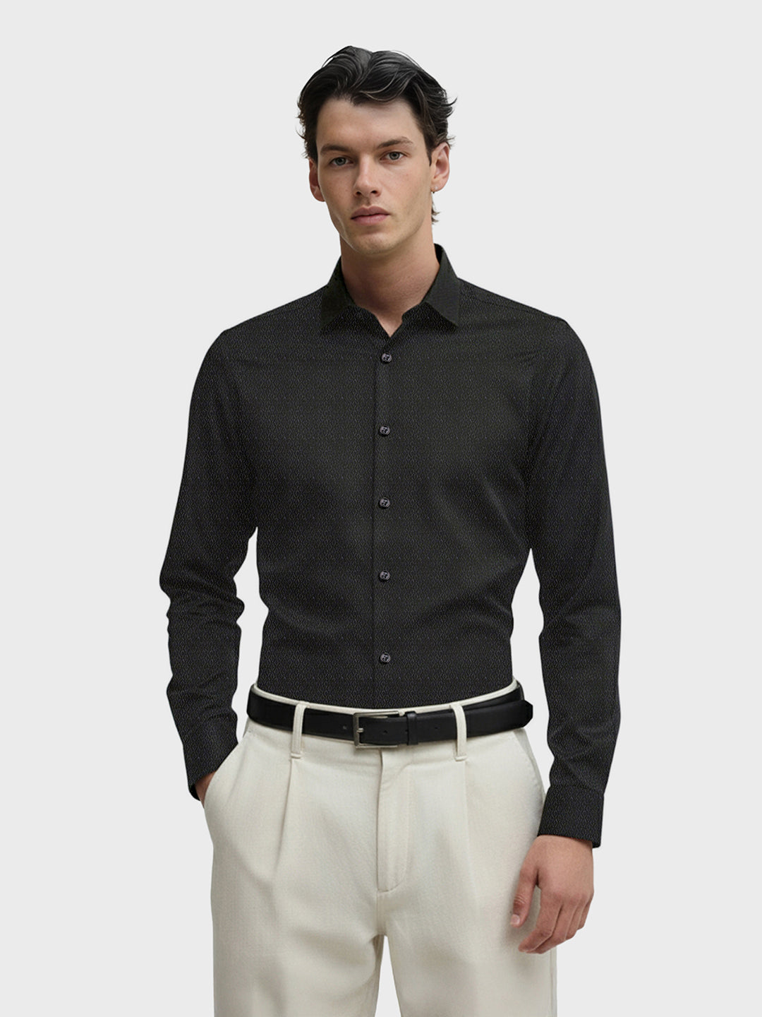 Men's Black Slim Fit Geometric Print Formal Shirt