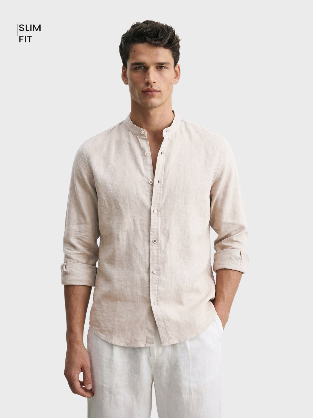 Men's Beige Slim Fit Solid Casual Shirts
