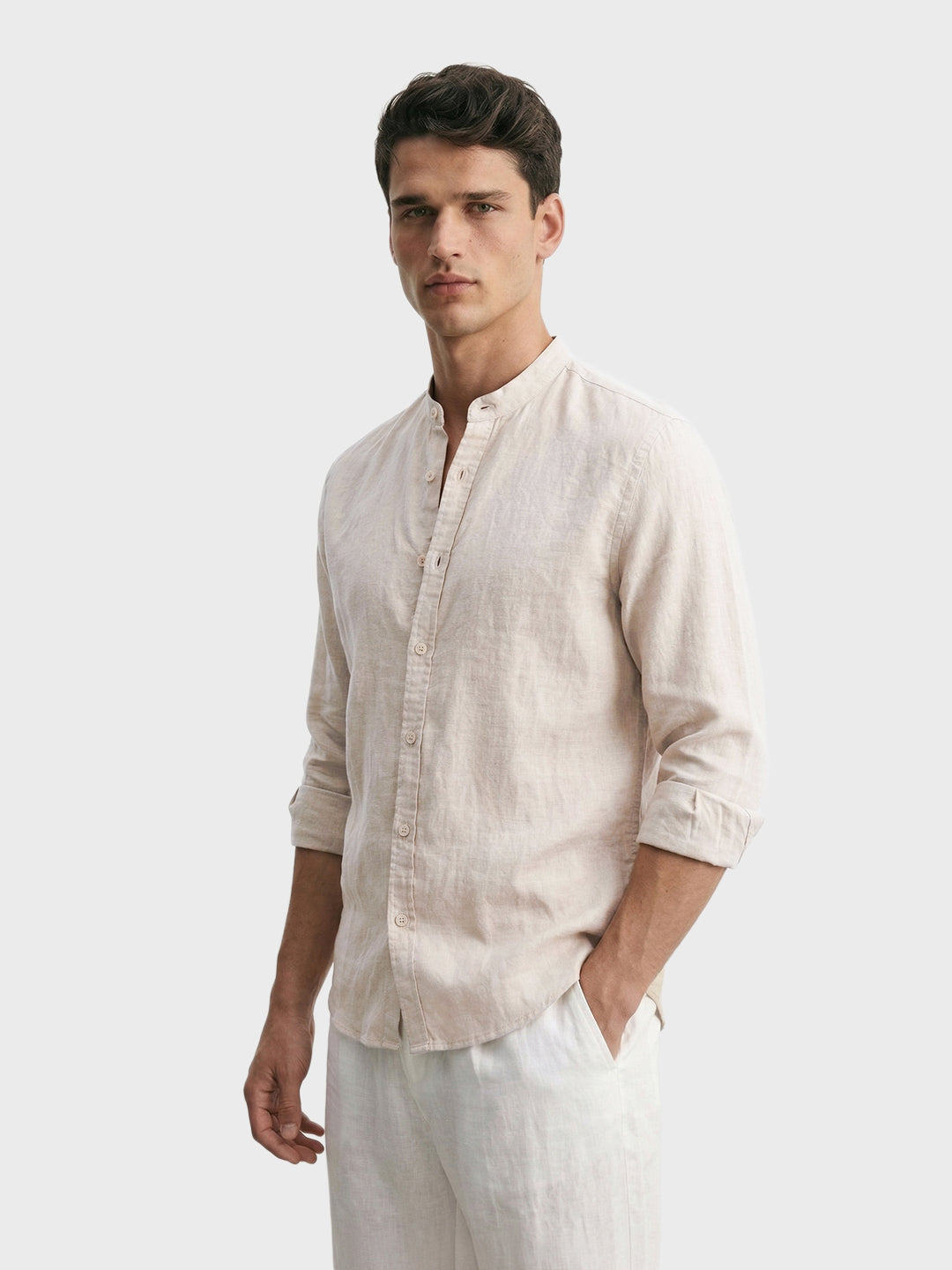 Men's Beige Slim Fit Solid Casual Shirts