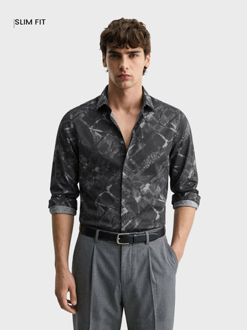 Men's Black Slim Fit Printed Casual Shirt