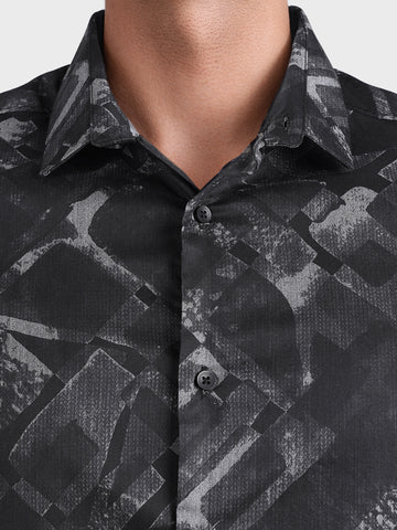 Men's Black Slim Fit Printed Casual Shirt