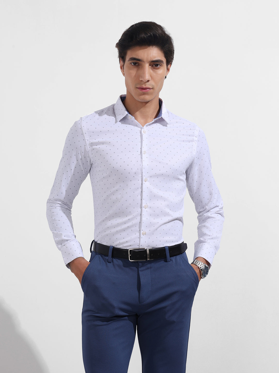 Men's White Slim Fit Ditsy Formal Shirt