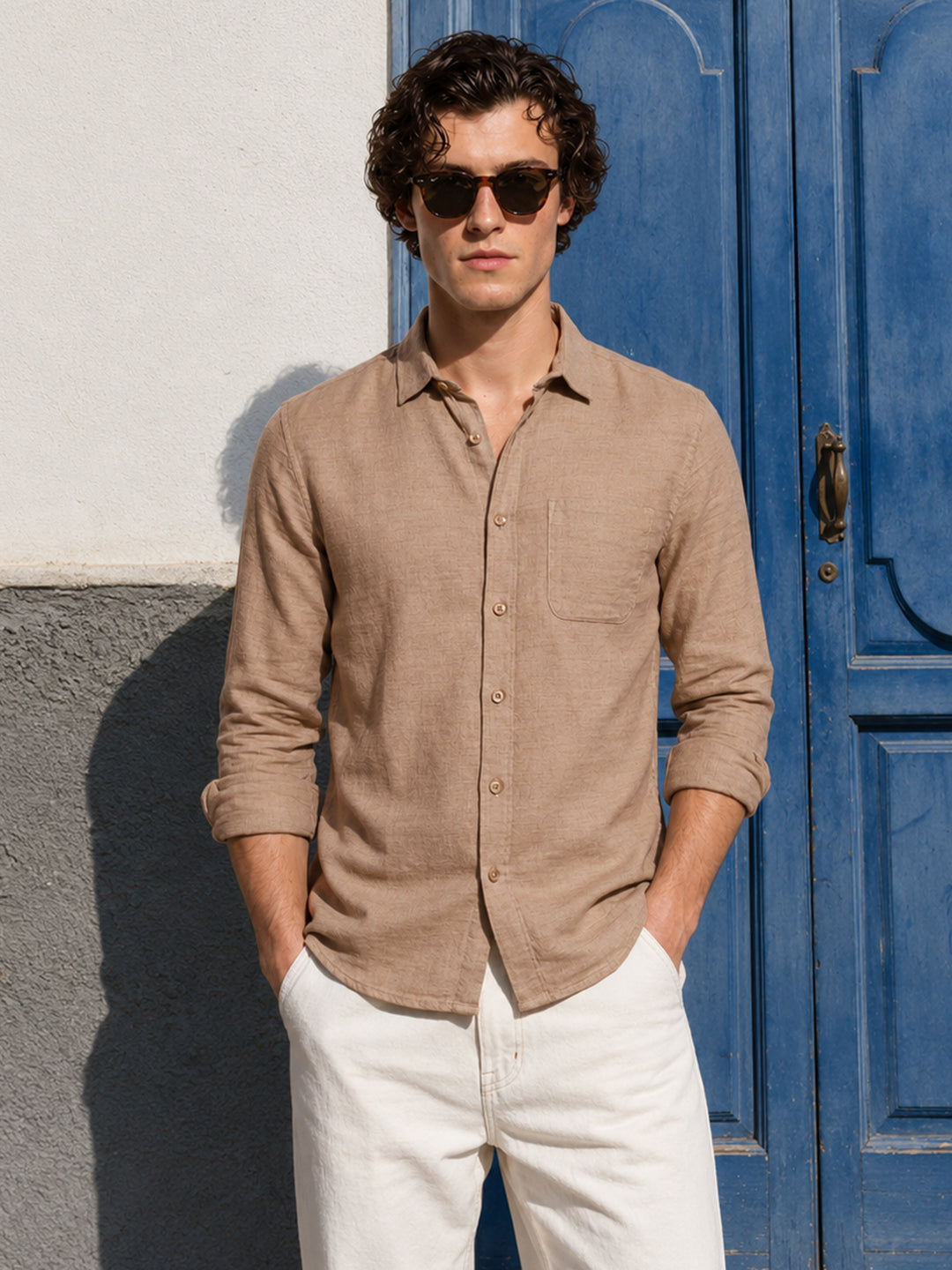 Men's Khaki Slim Fit Solid Casual Shirt