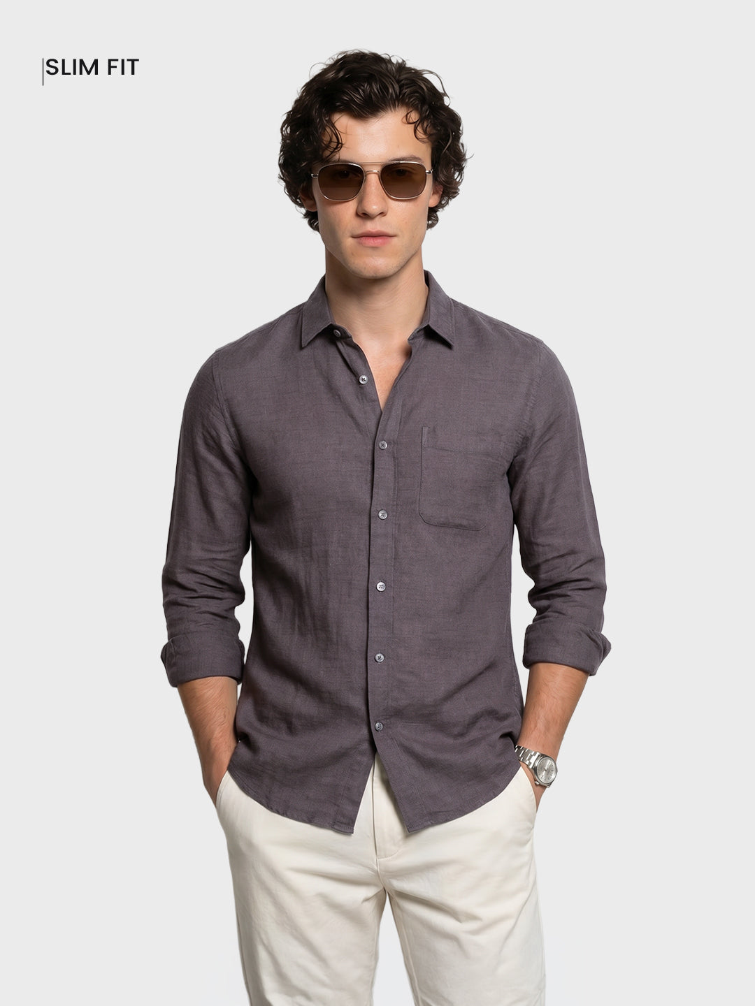 Men's Grey Slim Fit Solid Casual Shirt