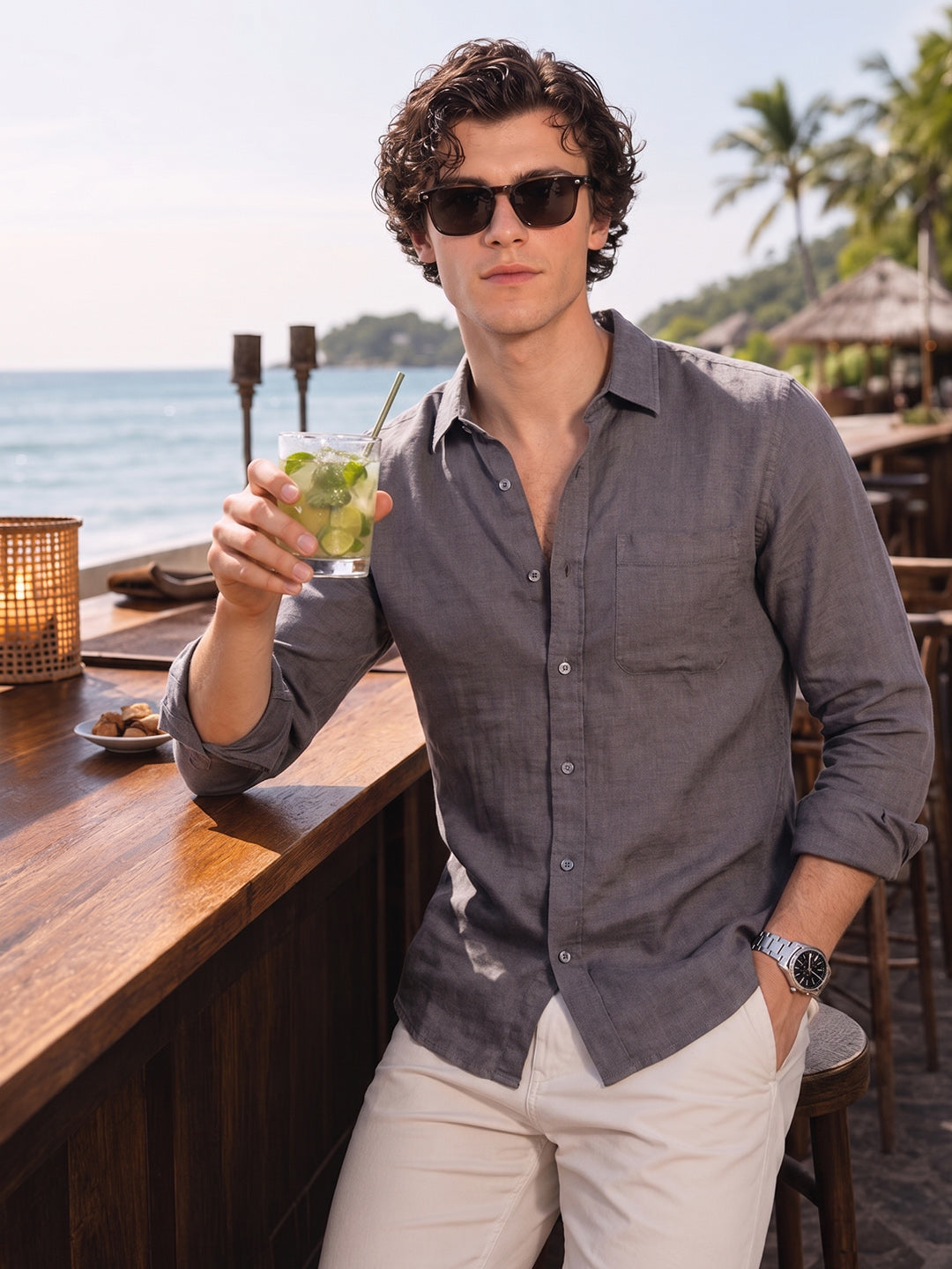 Men's Grey Slim Fit Solid Casual Shirt