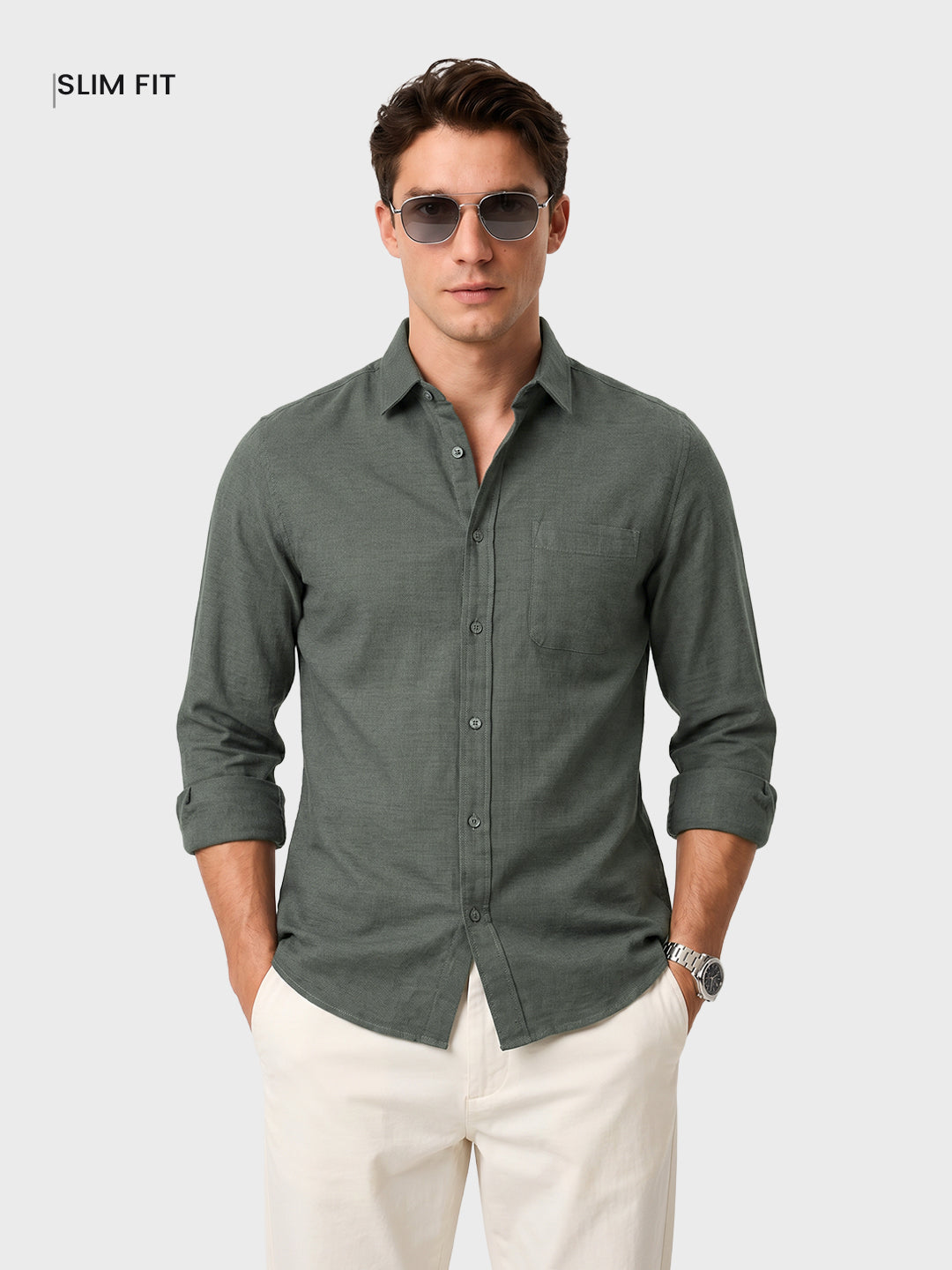 Men's Green Slim Fit Solid Casual Shirt