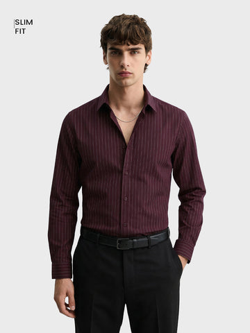 Men's Maroon Slim Fit Striped Casual Shirts