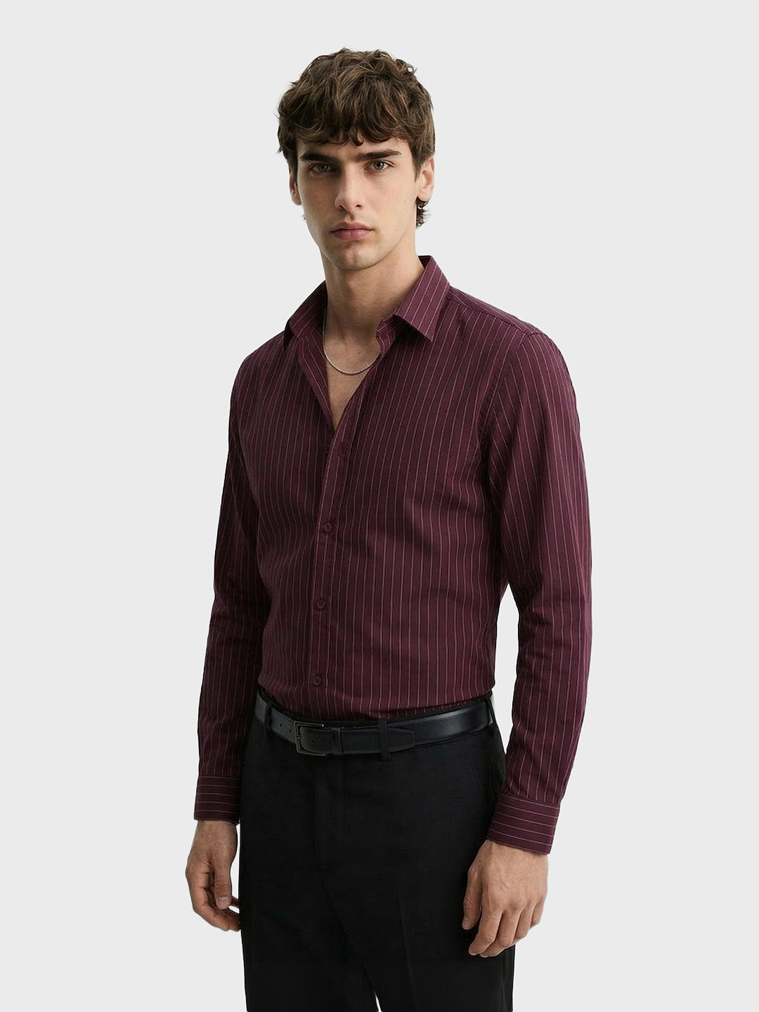Men's Maroon Slim Fit Striped Casual Shirts