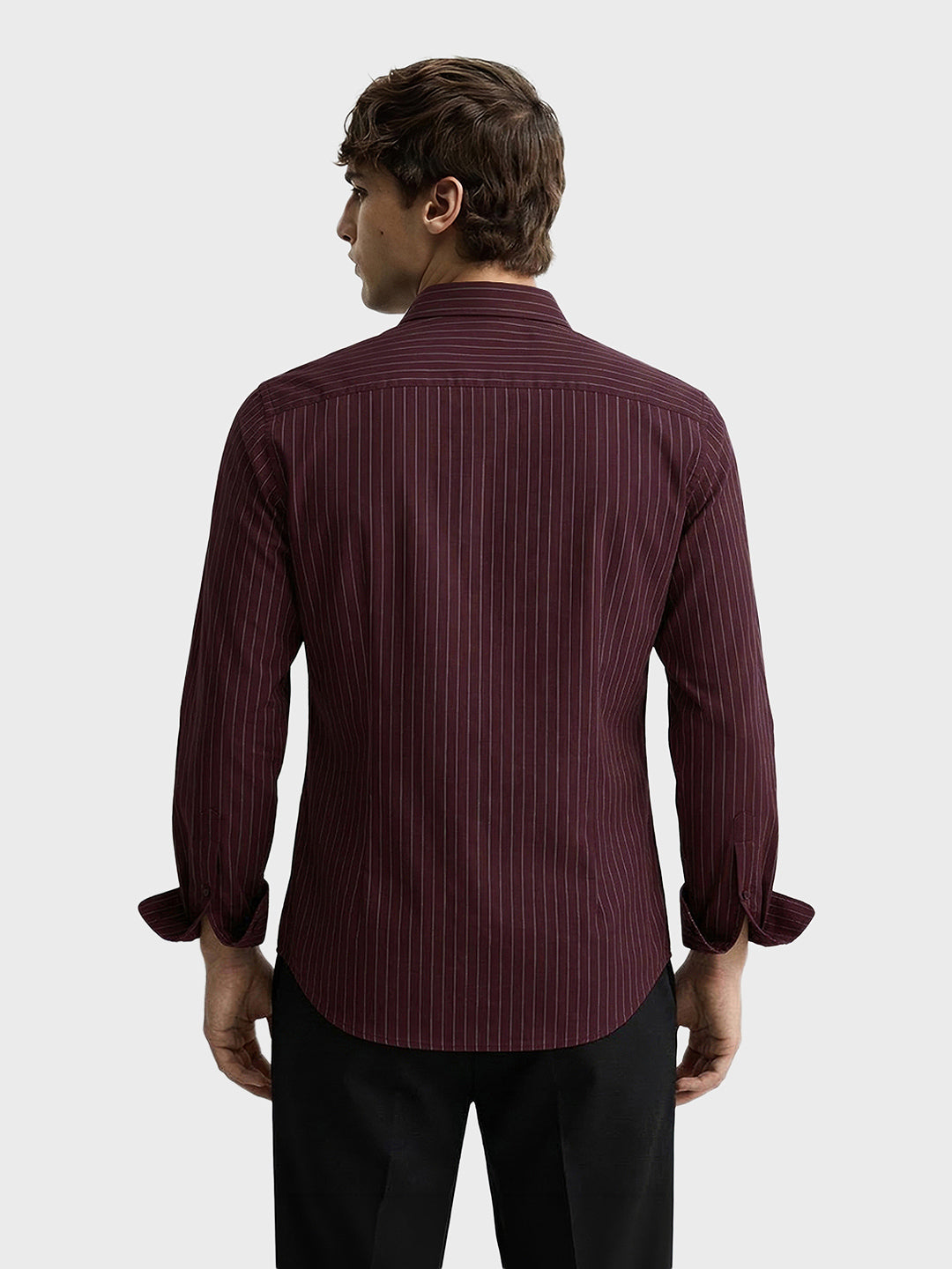 Men's Maroon Slim Fit Striped Casual Shirts