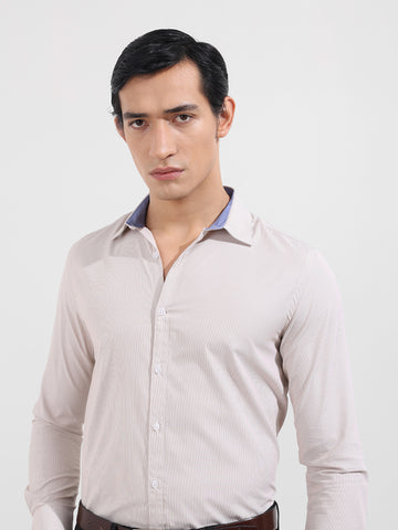 Men's Beige Slim Fit Vertical Stripes Formal Shirt