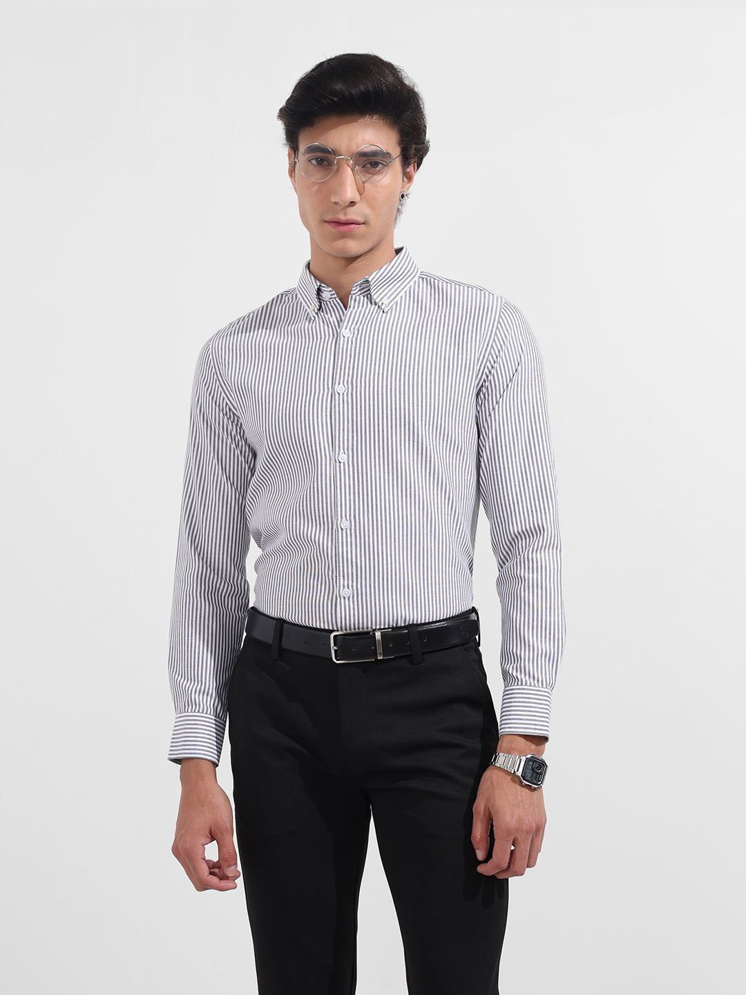 Men's Black Slim Fit Vertical Stripes Formal Shirt