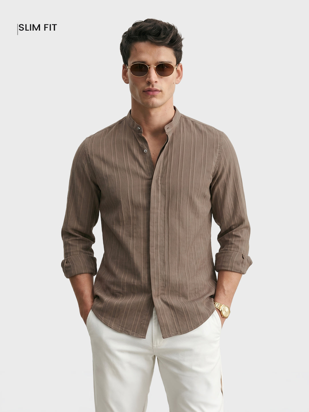 Men's Beige Slim Fit Solid Casual Shirt