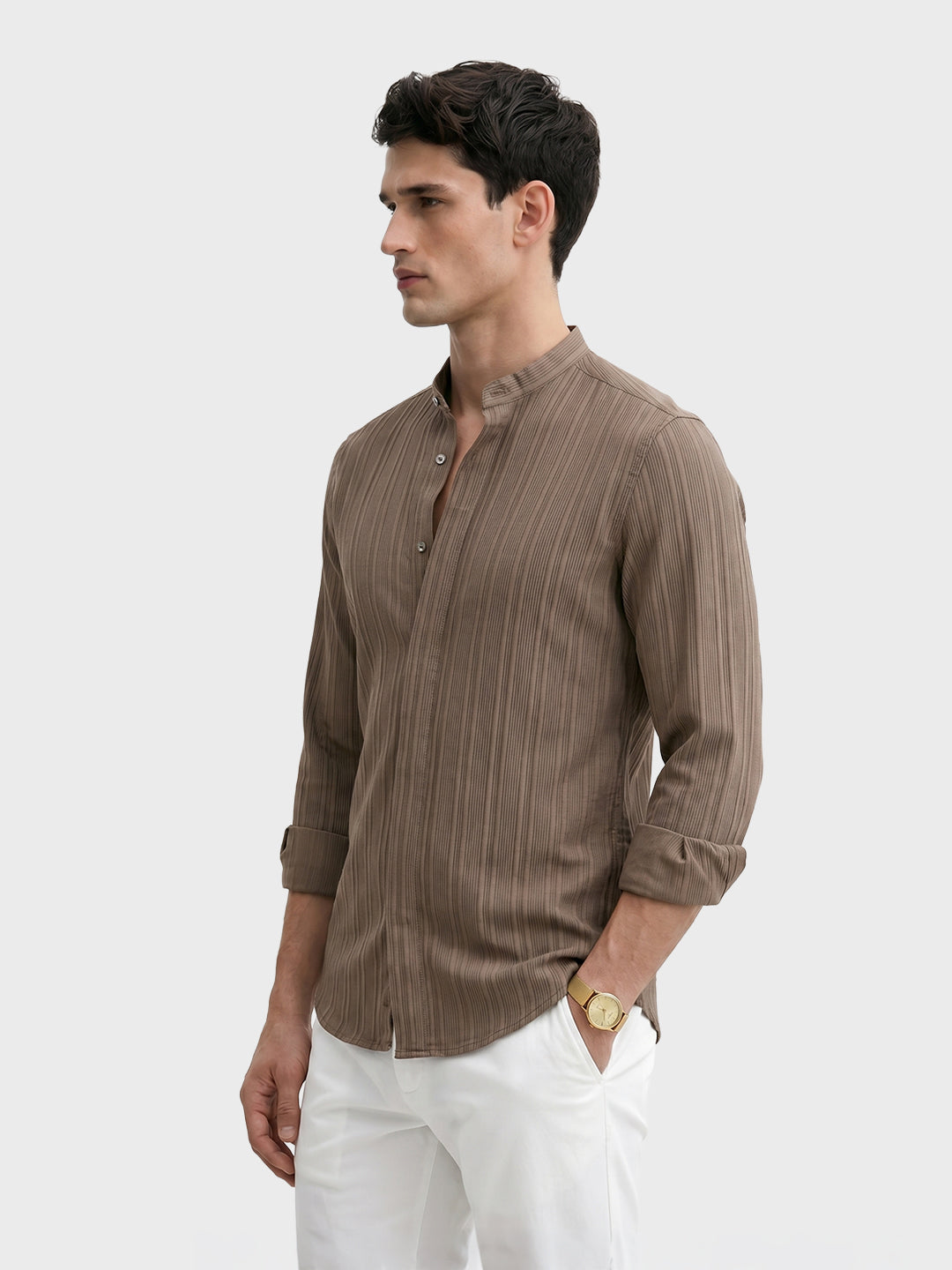 Men's Beige Slim Fit Solid Casual Shirt