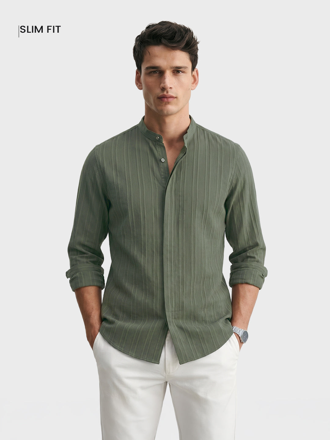 Men's Green Slim Fit Solid Casual Shirt