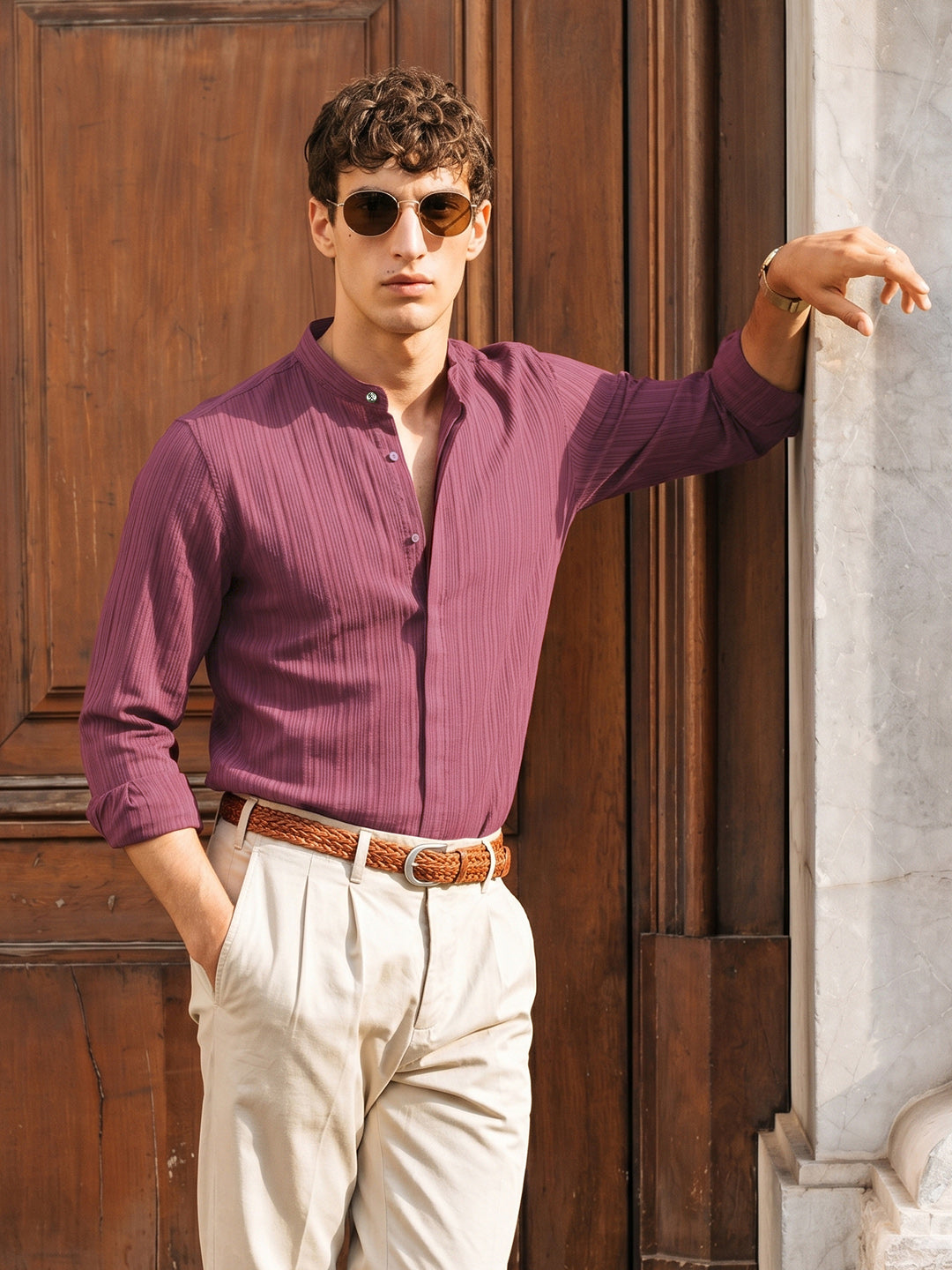 Men's Maroon Slim Fit Solid Casual Shirt