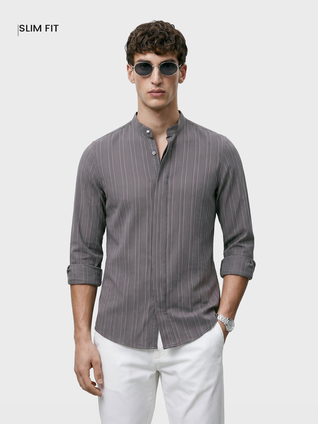 Men's Grey Slim Fit Solid Casual Shirt