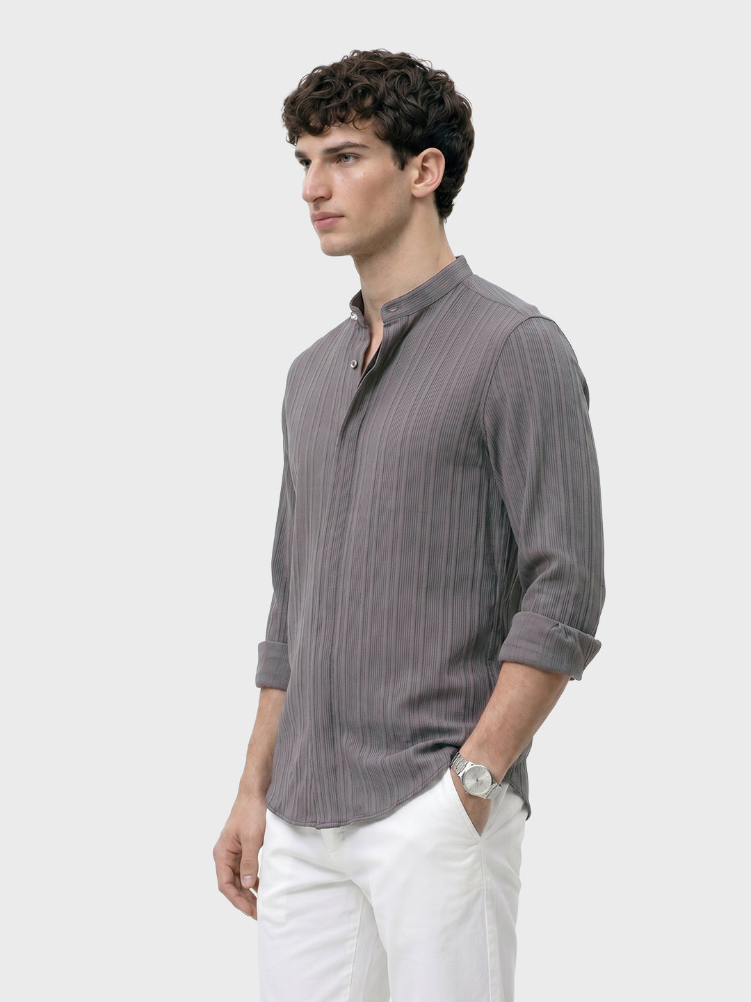 Men's Grey Slim Fit Solid Casual Shirt