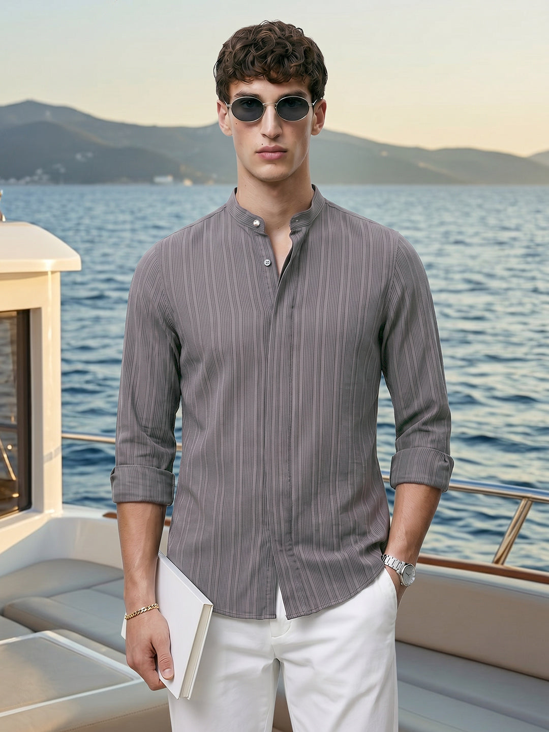 Men's Grey Slim Fit Solid Casual Shirt