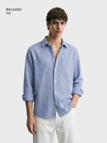 Men's Blue Relaxed Fit Textured Casual Shirt