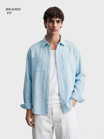 Men's Blue Oversized Fit Textured Casual Shirt