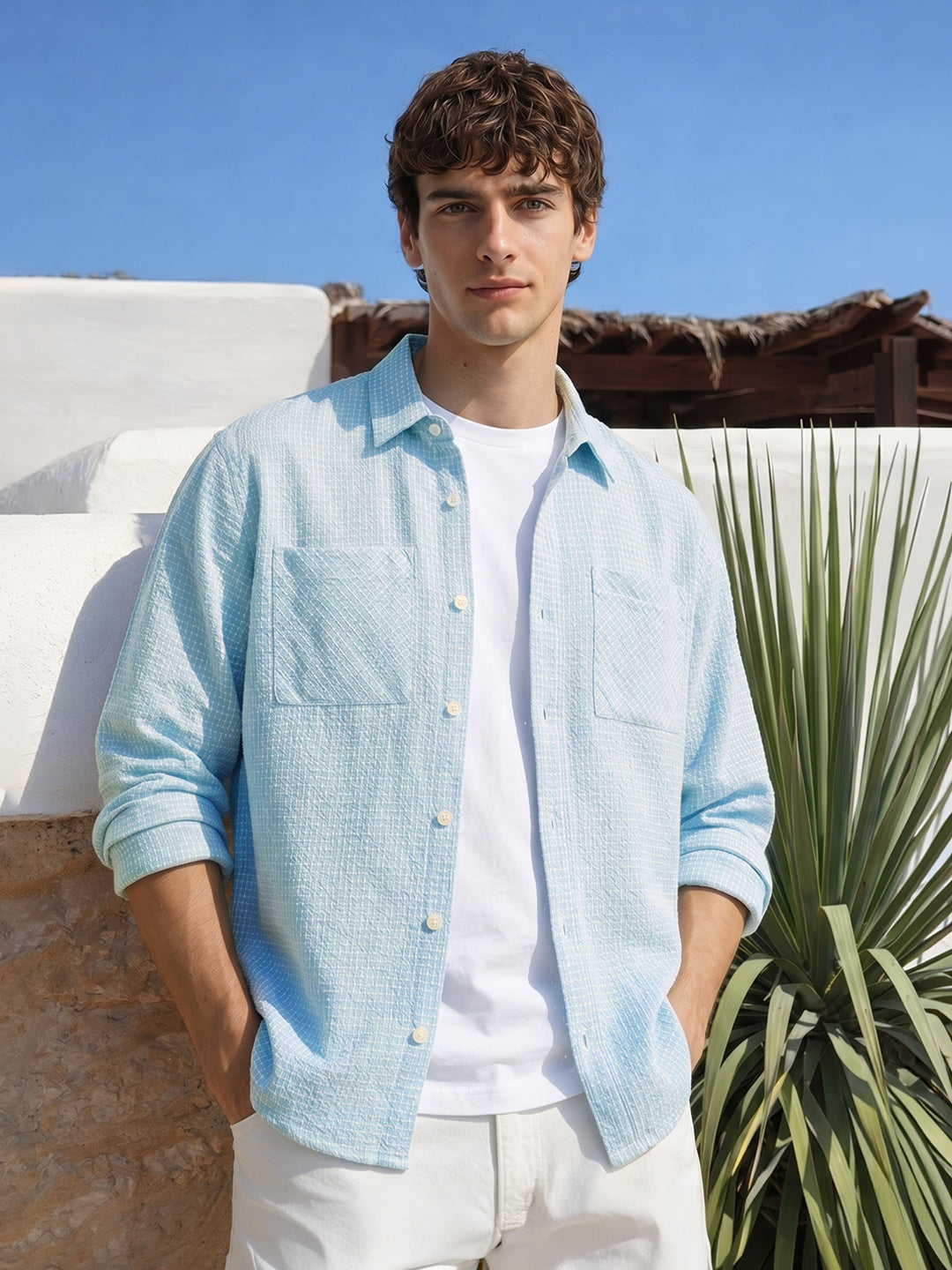 Men's Blue Oversized Fit Textured Casual Shirt