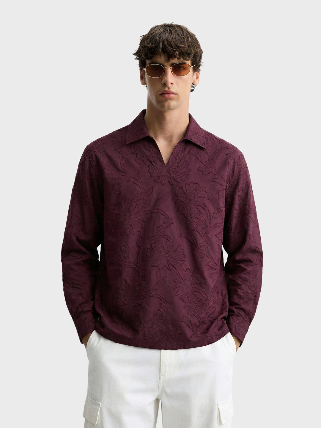 Men's Maroon Relaxed Fit Textured Casual Shirt