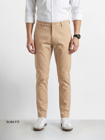 Men's Beige Slim Fit Solid Casual Chinos
