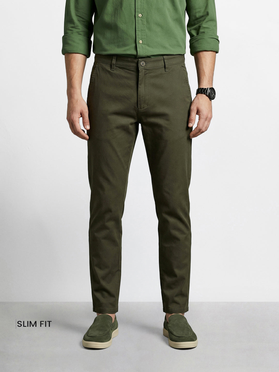 Men's Olive Slim Fit Solid Casual Chinos