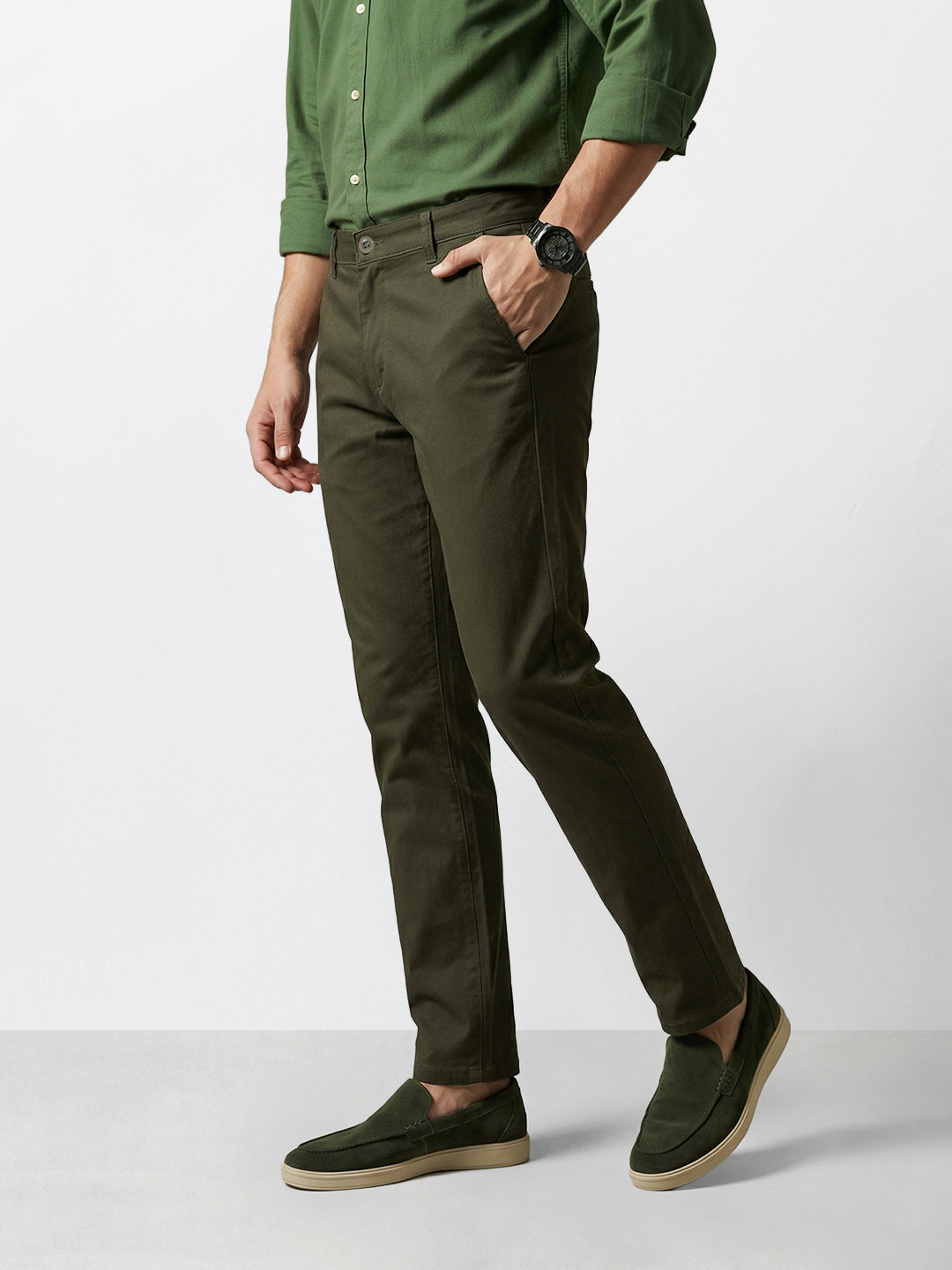 Men's Olive Slim Fit Solid Casual Chinos