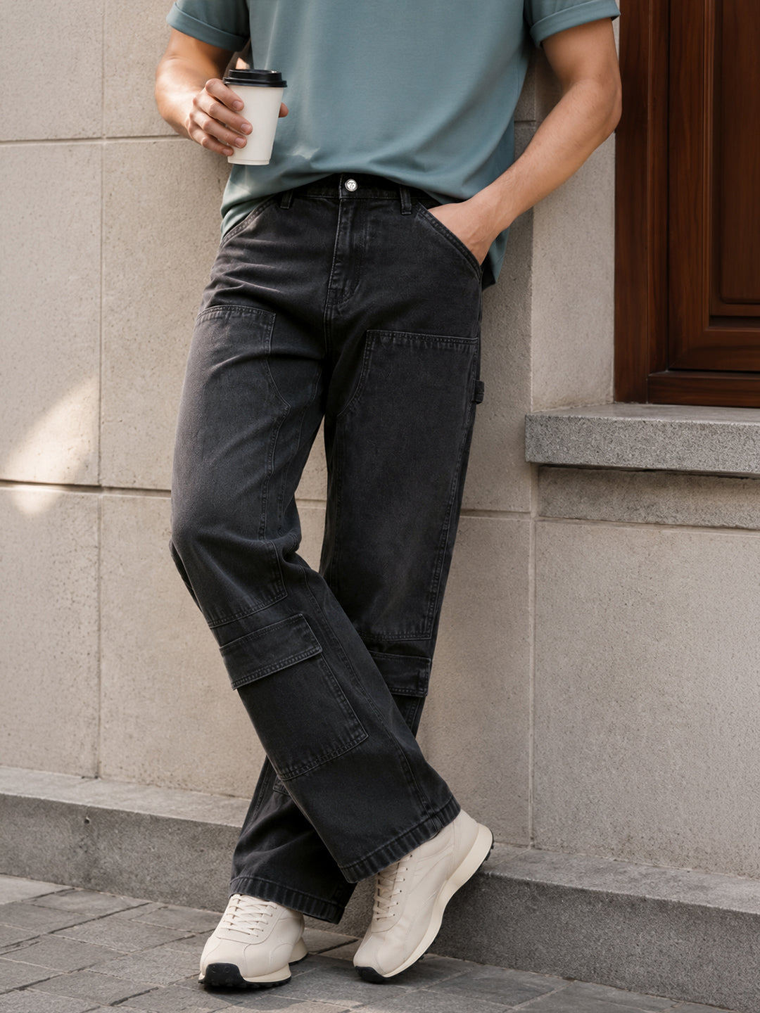 Men's Black Baggy Fit Solid Utility Jeans